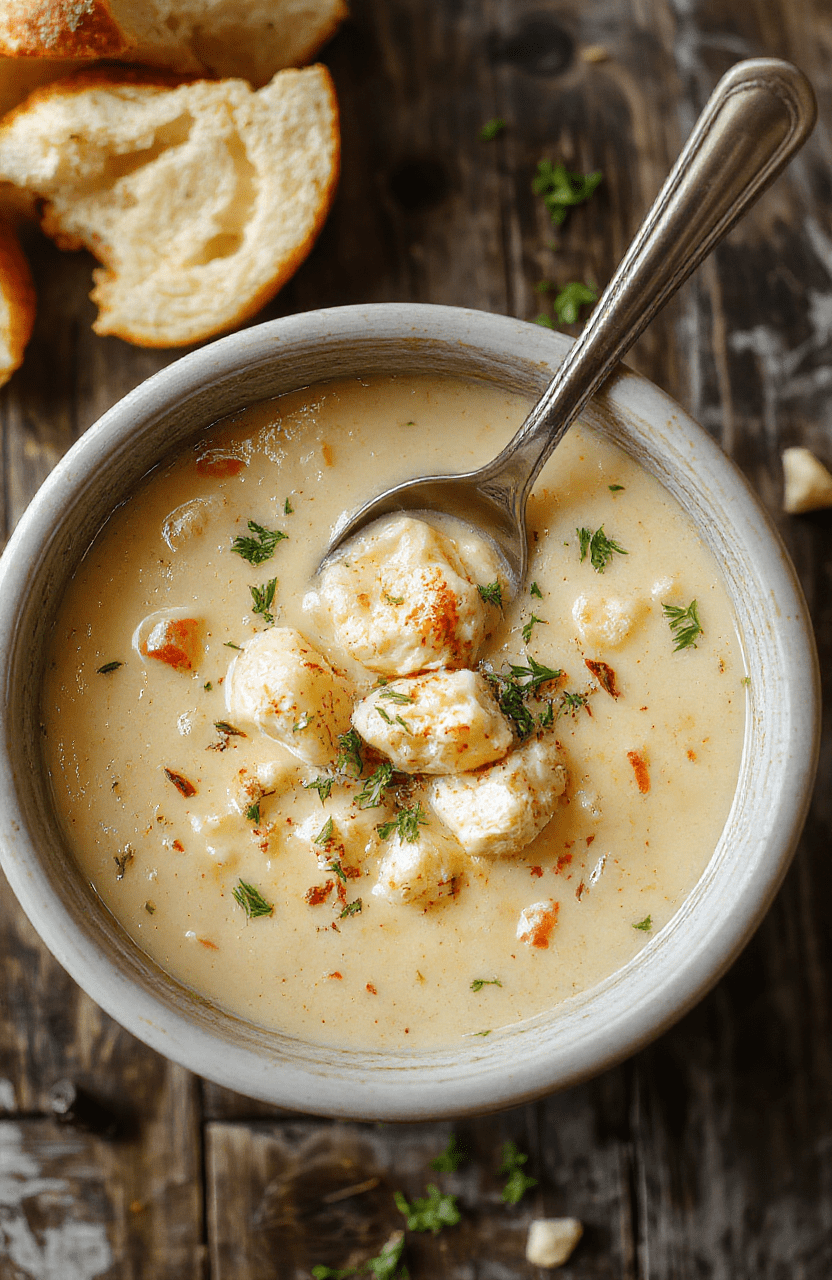 A vibrant bowl of creamy, cheesy crack chicken soup topped with chopped herbs and shredded cheese, served in a rustic white bowl on a wooden table, with a spoon and a napkin nearby, showcasing the rich textures and inviting colors.