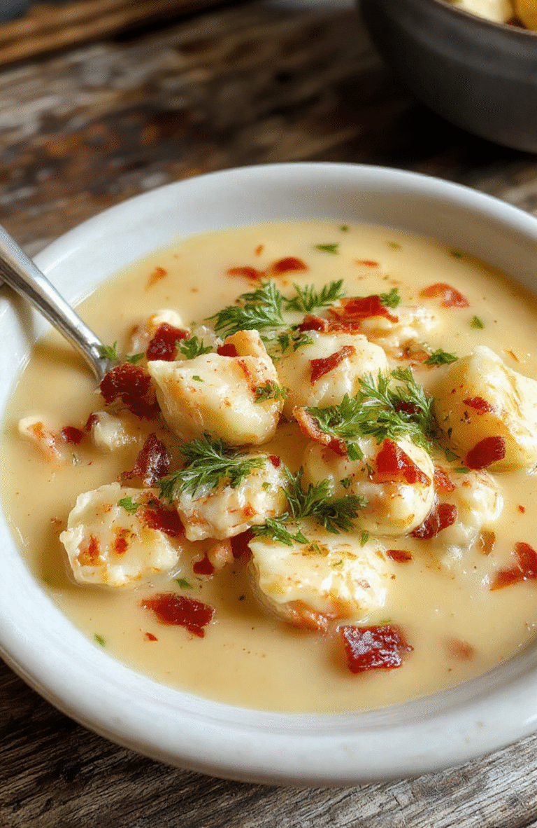 A bowl of creamy chicken bacon gnocchi soup garnished with fresh herbs, showcasing tender gnocchi, crispy bacon bits, and shredded chicken in a rich, velvety broth, styled on a rustic wooden table with warm lighting.