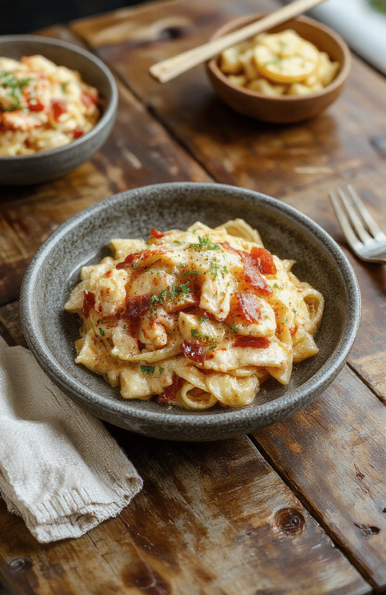 A vibrant plate of creamy chicken bacon ranch pasta featuring tender pasta coated in a rich, creamy sauce, topped with crispy bacon bits and green herbs, with slices of grilled chicken arranged beautifully, garnished with fresh parsley, styled on a rustic wooden table with a splash of sauce.