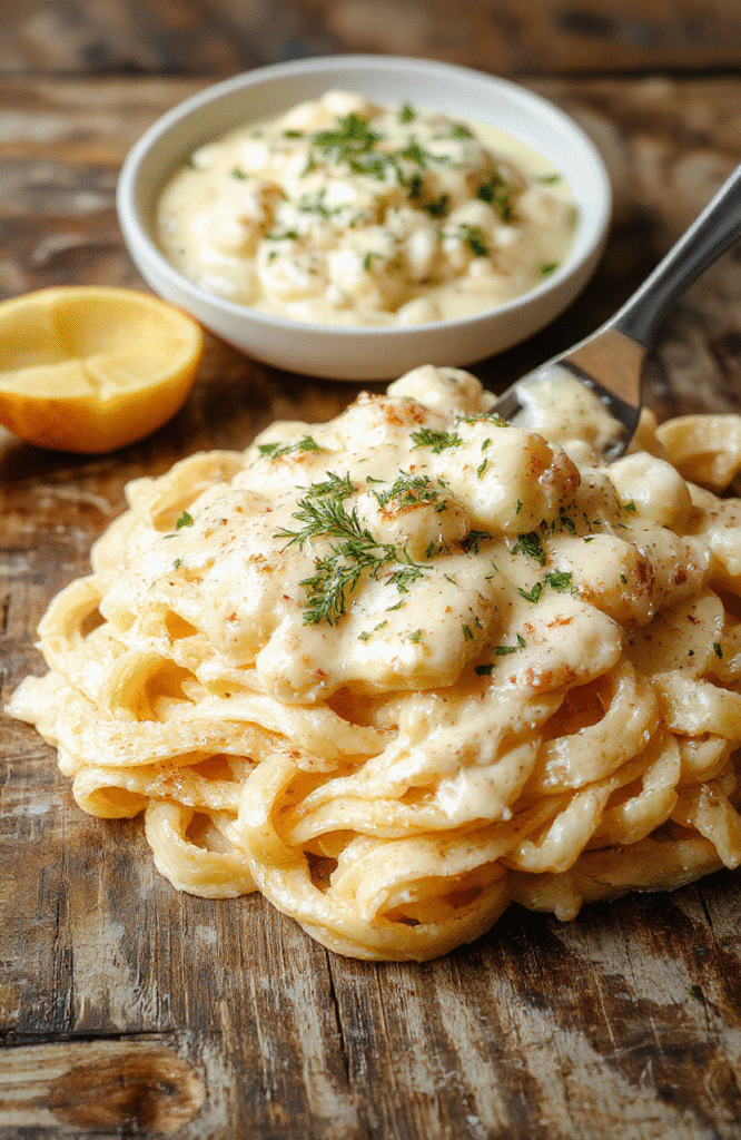 A creamy, golden fettuccine Alfredo served on a white plate, topped with freshly grated Parmesan cheese and chopped parsley, with a rustic wooden table background, capturing the rich textures and smooth sauce, styled simply for an inviting, appetizing look.