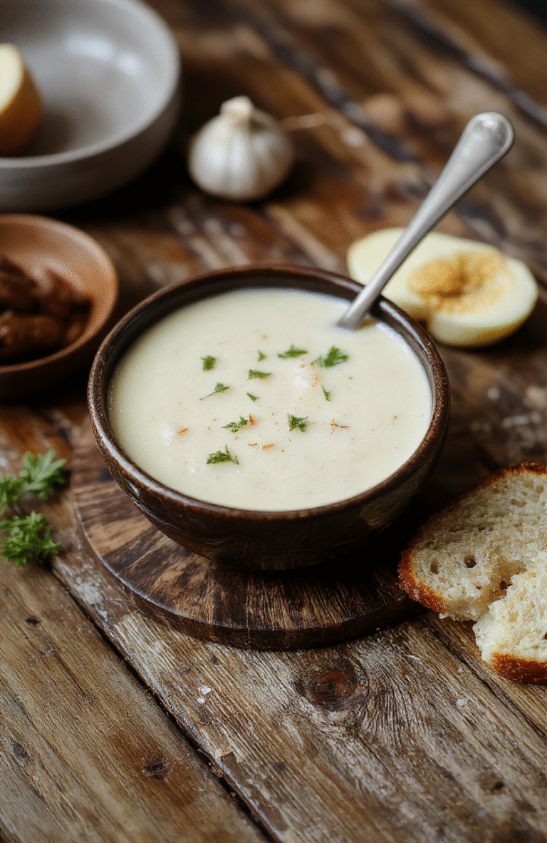A vibrant bowl of French garlic soup garnished with fresh herbs and a drizzle of cream, placed on a rustic wooden table with crusty bread in the background, rich textures and warm colors emphasize comfort and coziness.