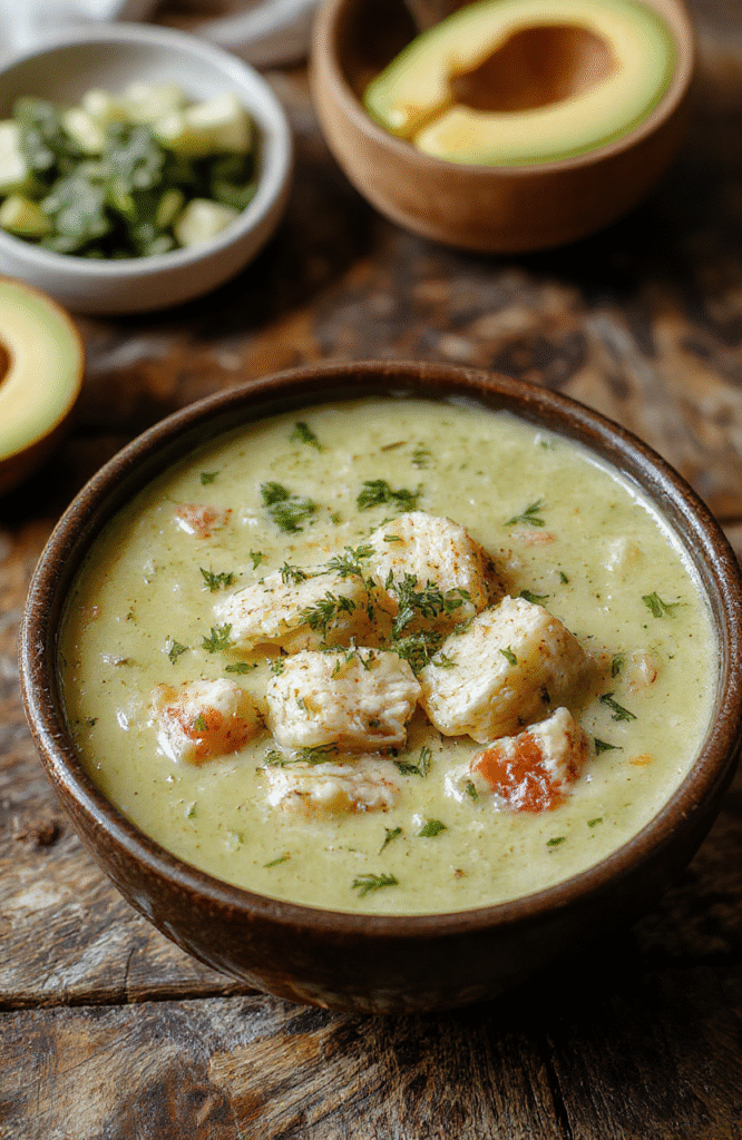 A vibrant bowl of creamy green chicken enchiladas soup topped with shredded cheese, fresh cilantro, and dollops of sour cream, served in a rustic bowl on a wooden table with some fresh ingredients around.