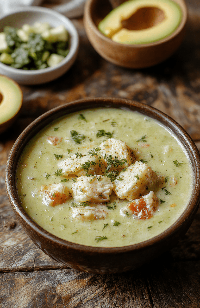 A vibrant bowl of creamy green chicken enchiladas soup topped with shredded cheese, fresh cilantro, and dollops of sour cream, served in a rustic bowl on a wooden table with some fresh ingredients around.