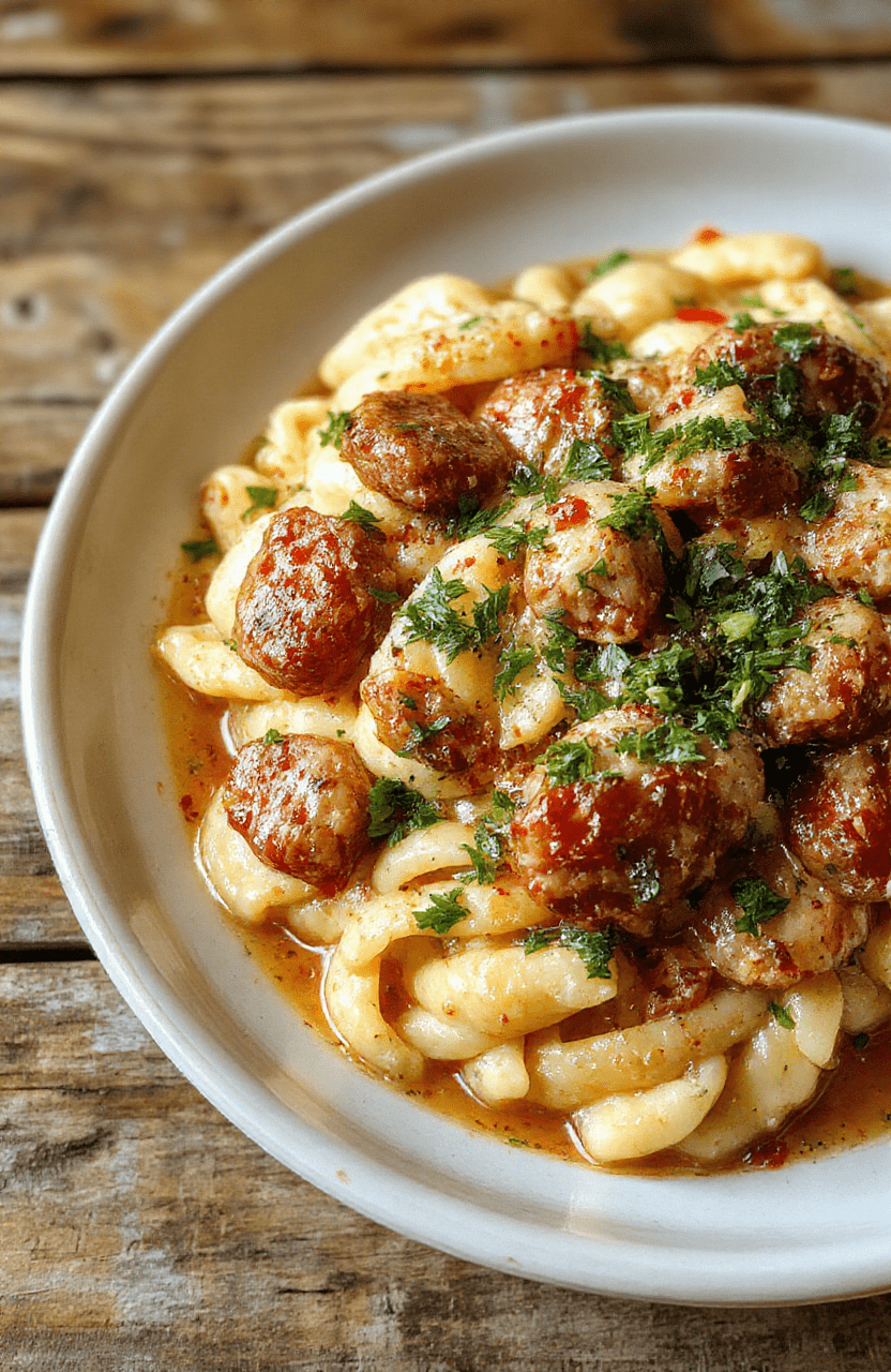 A vibrant bowl of creamy Italian sausage orzo featuring sliced sausage, tender orzo pasta, fresh herbs, and a drizzle of sauce, all styled on a rustic wooden table with natural light highlighting the textures and colors.