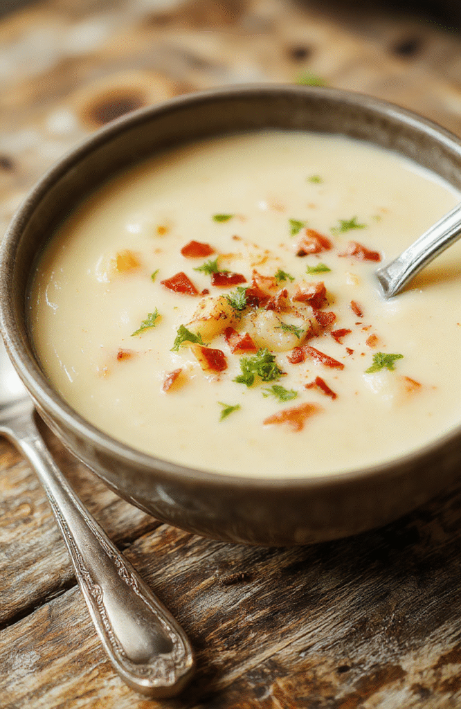 A vibrant bowl of creamy potato soup topped with chopped chives and shredded cheese, served on a rustic wooden table with a spoon gently resting beside it. The soup has a velvety texture with hints of herbs visible, garnished with a dollop of sour cream and crispy bacon bits for added texture, styled casually for a cozy, inviting scene.