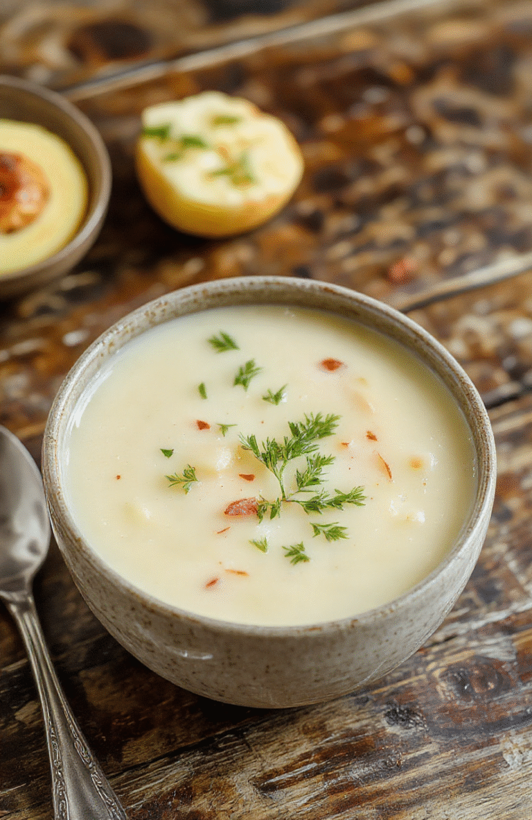 A warm bowl of creamy potato soup garnished with green onions and crispy bacon bits, served on a rustic wooden table with a spoon and soft natural lighting emphasizing the velvety texture and golden color.