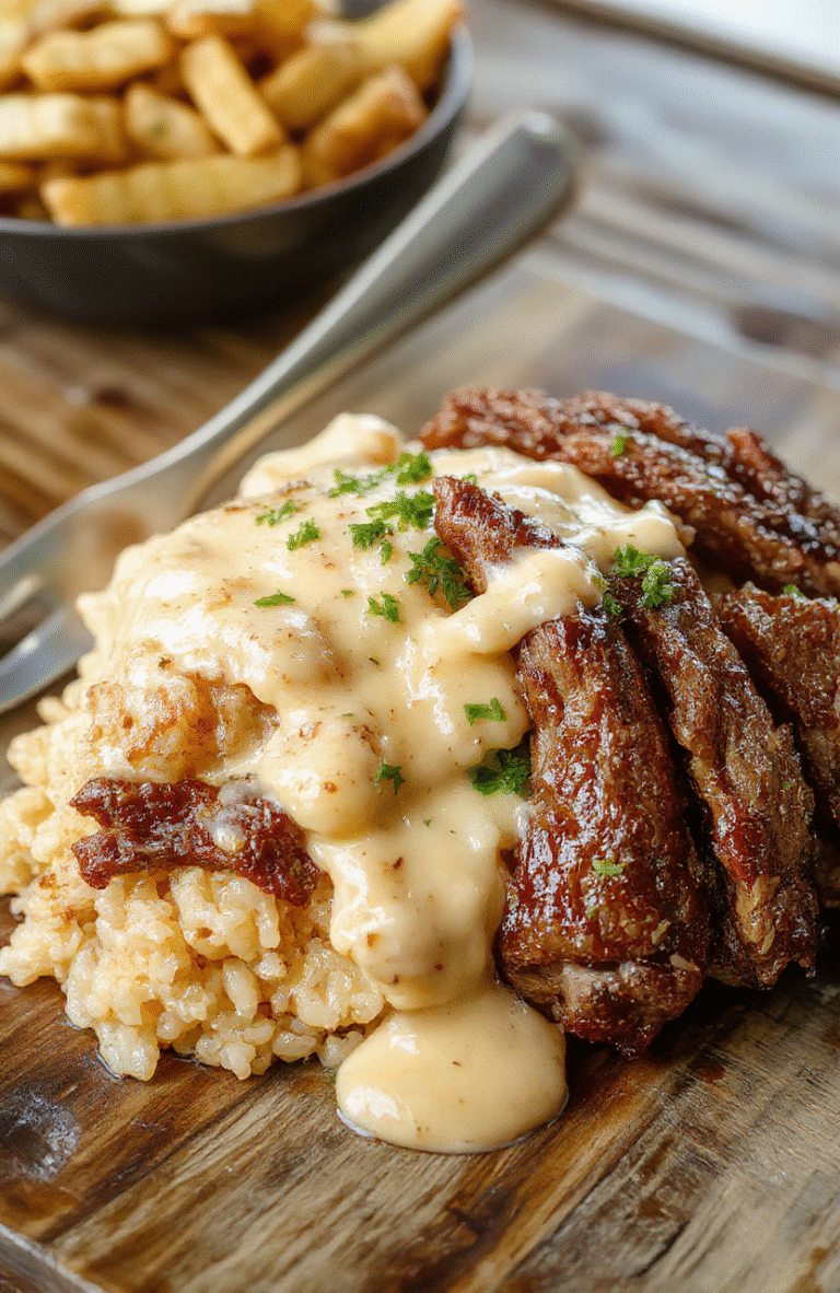 A vibrant plate of creamy queso rice topped with juicy, grilled steak strips, garnished with chopped herbs, the rice has a smooth, cheesy sauce with a golden-brown seared steak, all on a rustic wooden table styled with fresh ingredients and a rustic napkin.