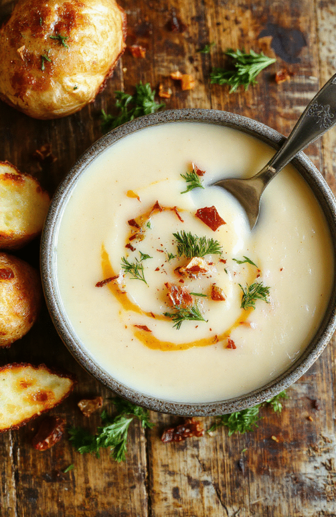 A warm bowl of creamy vegan roasted garlic potato soup topped with fresh herbs, garlic chips, and a drizzle of olive oil. The soup has a velvety texture with golden roasted garlic and chunks of tender potatoes, served on a rustic wooden table with a soft-focus background highlighting natural daylight and soft shadows.