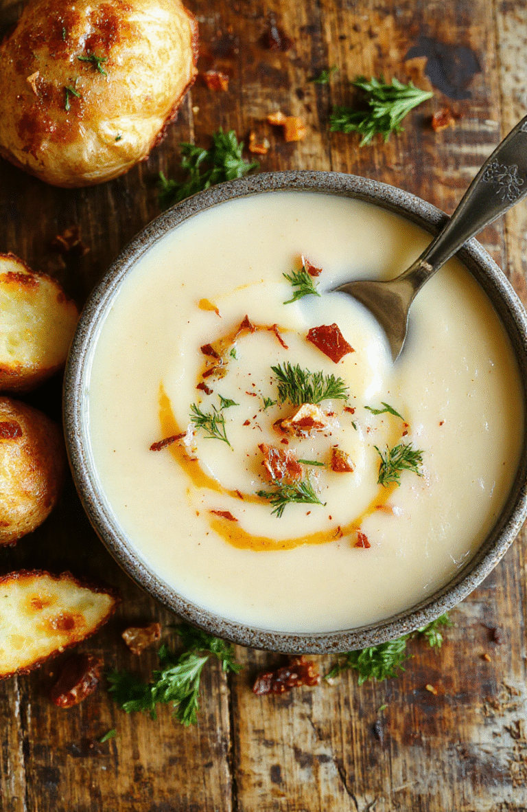 A warm bowl of creamy vegan roasted garlic potato soup topped with fresh herbs, garlic chips, and a drizzle of olive oil. The soup has a velvety texture with golden roasted garlic and chunks of tender potatoes, served on a rustic wooden table with a soft-focus background highlighting natural daylight and soft shadows.