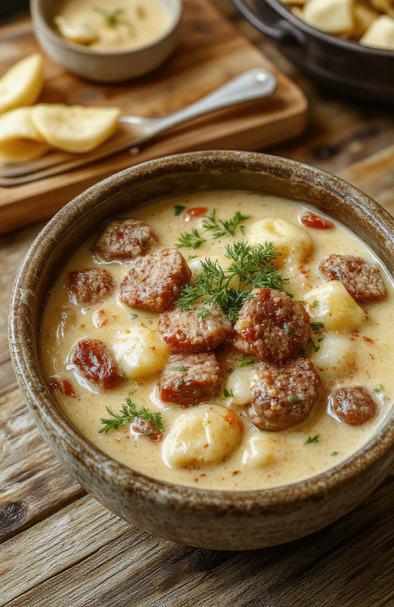 A warm bowl of creamy sausage and tortellini soup featuring tender sausage slices, plump tortellini, fresh herbs, and a rich, velvety broth, all beautifully garnished with parsley on a rustic wooden table.