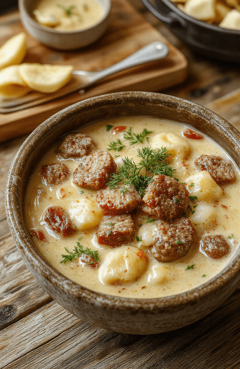 A warm bowl of creamy sausage and tortellini soup featuring tender sausage slices, plump tortellini, fresh herbs, and a rich, velvety broth, all beautifully garnished with parsley on a rustic wooden table.