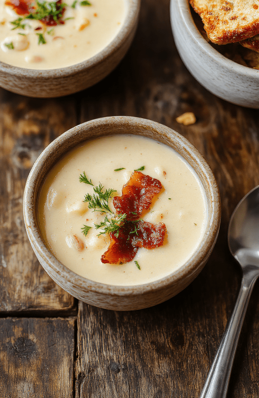 A bowl of creamy white bean soup garnished with crispy bacon bits, fresh herbs, served in a rustic ceramic bowl on a wooden table, with a drizzle of olive oil and cracked black pepper, textures of smooth soup contrasting with crispy bacon, styled with a sprig of thyme for a cozy, inviting presentation