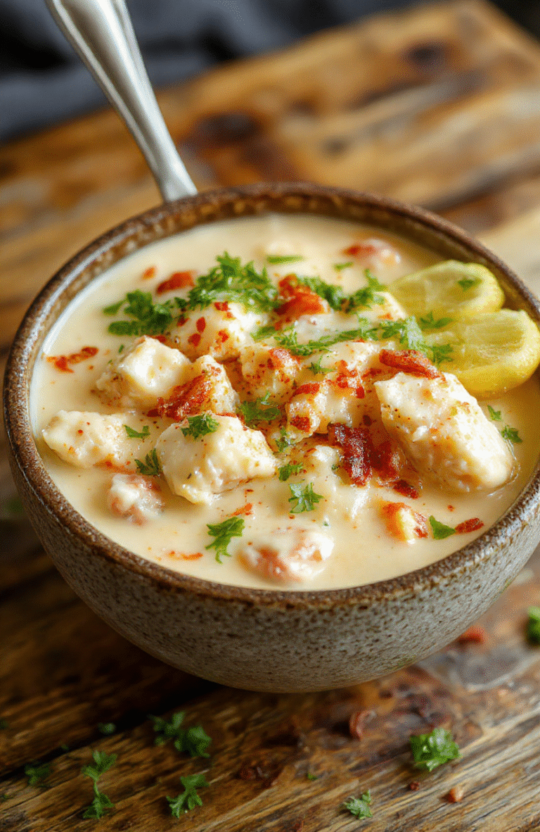 A vibrant bowl of creamy white chicken chili topped with shredded cheese, chopped cilantro, and sliced jalapenos. The chili is thick, creamy, and loaded with tender chunks of chicken, white beans, and corn, set against a rustic wooden background with a spoon resting nearby.