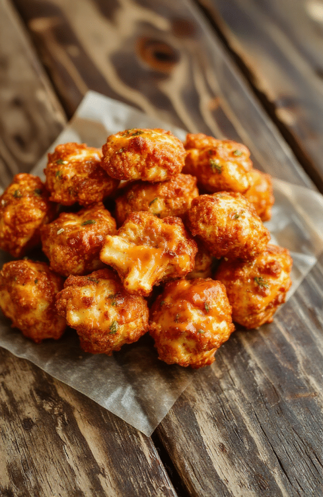 A vibrant plate of crispy buffalo cauliflower bites garnished with chopped green herbs and drizzled with a tangy blue cheese sauce, set on a rustic wooden table with a side of celery sticks, highlighting glossy, golden-brown textures and colorful spicy accents.