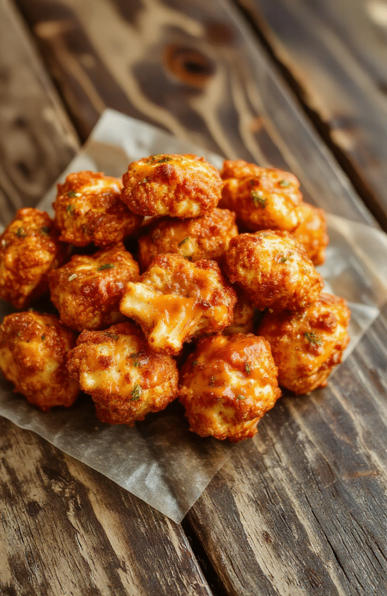 A vibrant plate of crispy buffalo cauliflower bites garnished with chopped green herbs and drizzled with a tangy blue cheese sauce, set on a rustic wooden table with a side of celery sticks, highlighting glossy, golden-brown textures and colorful spicy accents.