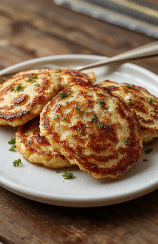 A golden-brown stack of crispy German potato pancakes garnished with fresh herbs on a rustic white plate, with a textured wooden table background, drizzle of sour cream, and crispy edges visible.