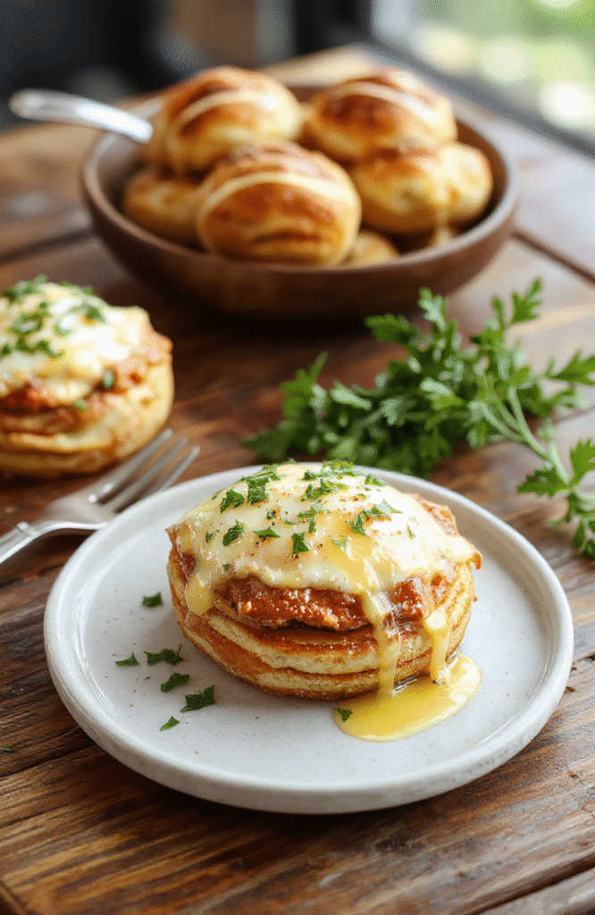 A golden-brown puff pastry topped with a perfectly cooked sunny-side-up egg, melted cheese, and ham slices, plated elegantly on a white dish with fresh herbs, crispy edges, and a soft, gooey center, styled with a rustic background and natural lighting.