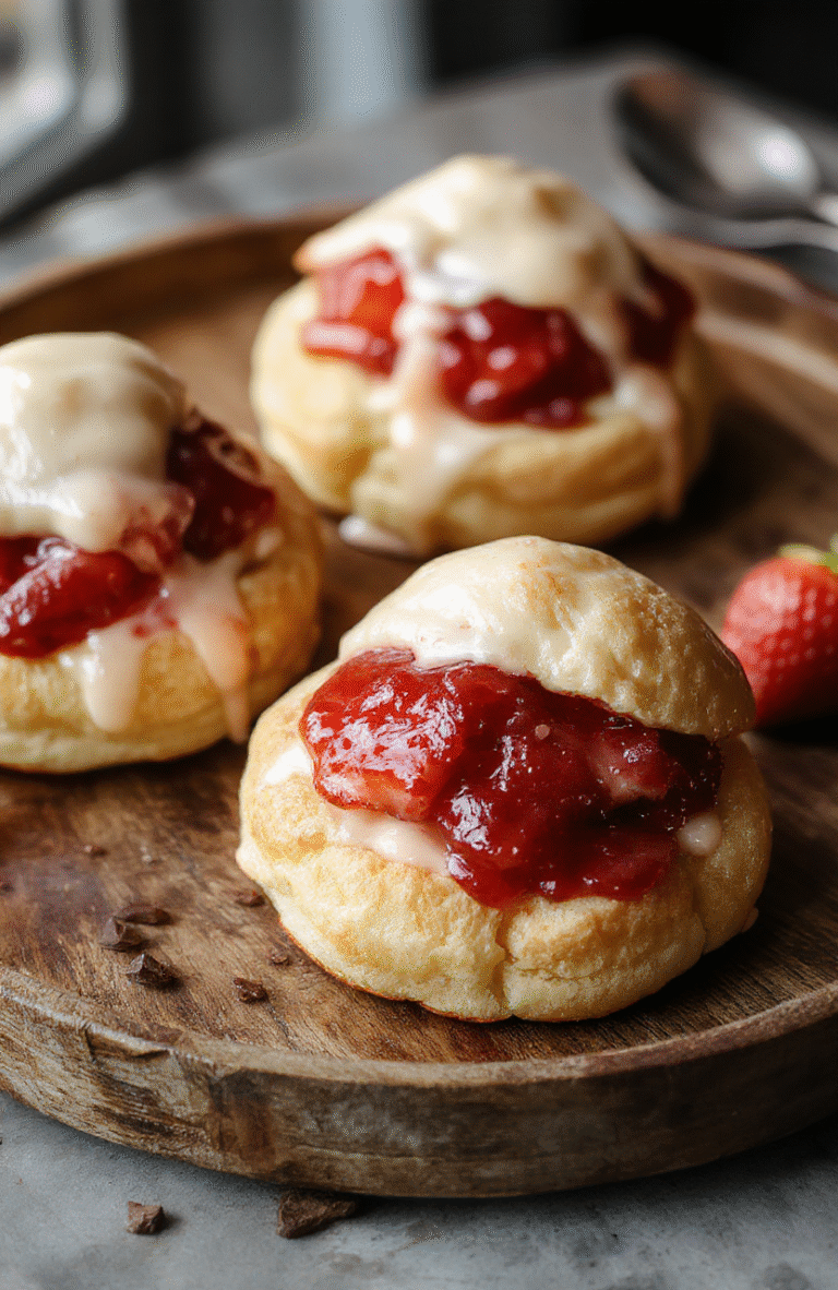 A close-up of golden, flaky cream puffs filled with vibrant red strawberry cream, dusted with powdered sugar, styled on a rustic wooden plate with fresh strawberries around.