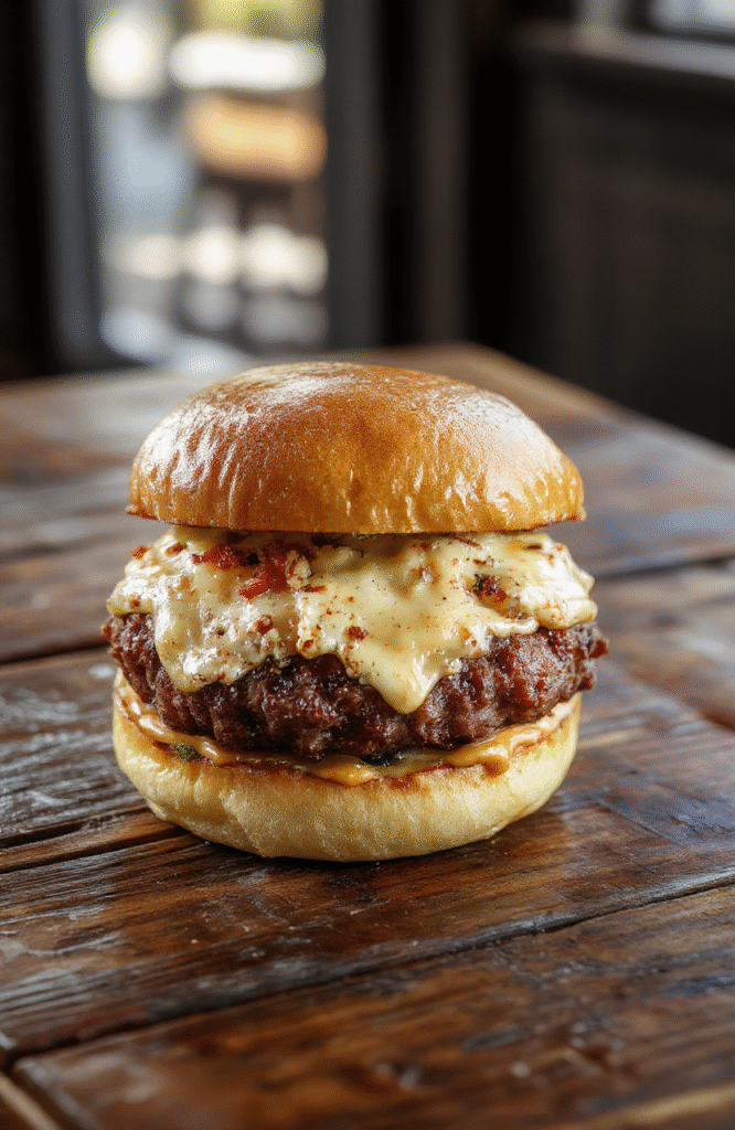 A juicy, crispy crack burger with melted cheese, crispy bacon, fresh lettuce, tomato, and pickles layered on a toasted bun, styled on a wooden board with condiments nearby, vibrant colors, close-up shot with textures highlighted.