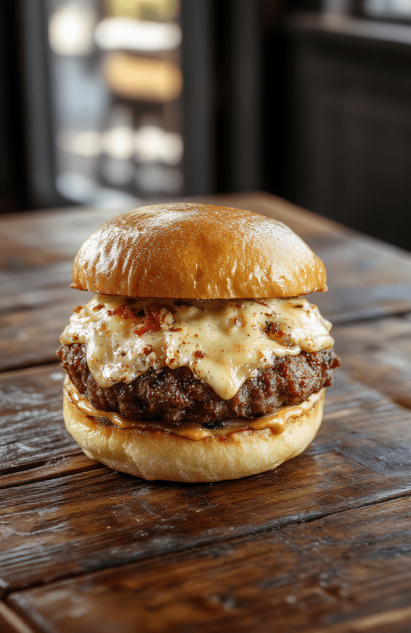A juicy, crispy crack burger with melted cheese, crispy bacon, fresh lettuce, tomato, and pickles layered on a toasted bun, styled on a wooden board with condiments nearby, vibrant colors, close-up shot with textures highlighted.