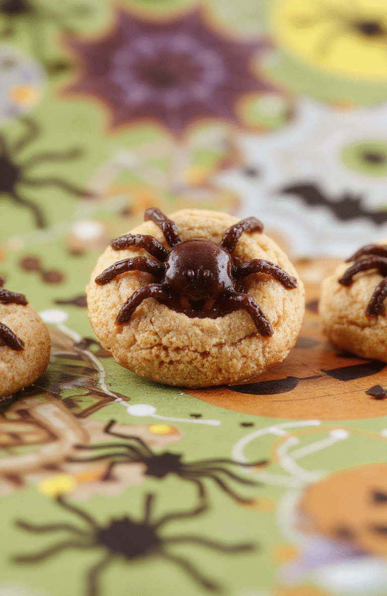 Colorful Halloween spider cookies with peanut butter and chocolate, coated in a glossy glaze, decorated with candy eyes and web-shaped icing on a festive orange and black background, textured surface, styled for a fun and inviting fall celebration.