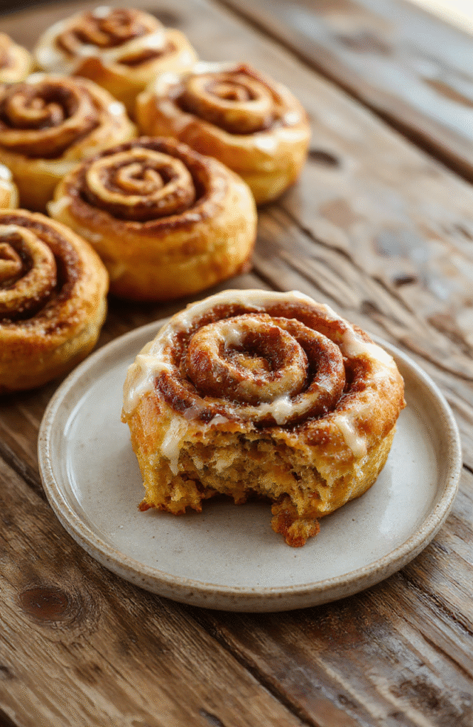 A beautifully plated pumpkin cinnamon roll topped with icing, surrounded by fresh pumpkin pieces and cinnamon sticks, set on a rustic wooden table with warm lighting, showcasing the fluffy texture and rich cinnamon and pumpkin filling.
