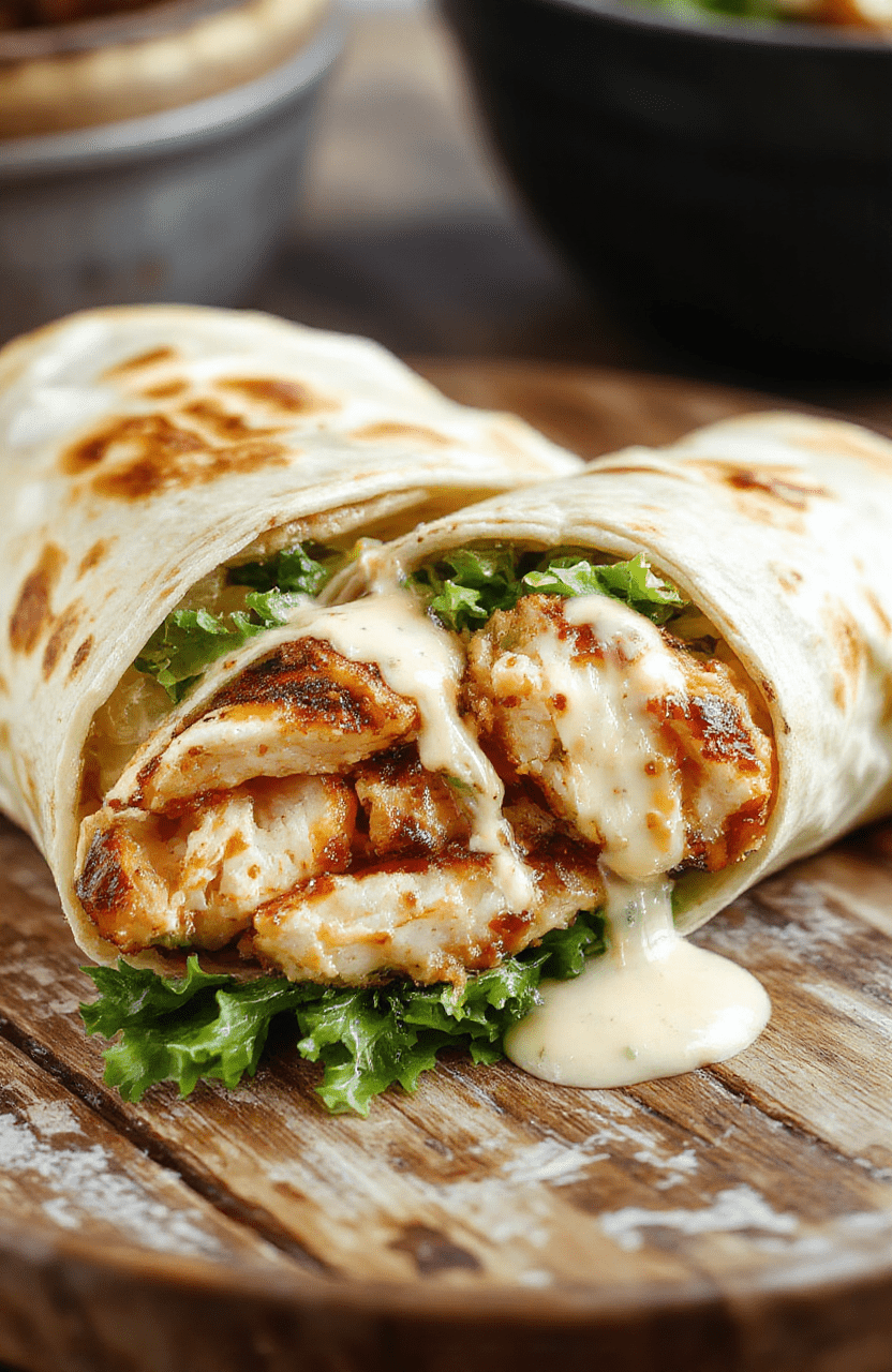 A vibrant chicken Caesar wrap sliced open to reveal grilled chicken, crisp romaine lettuce, creamy Caesar dressing, and shredded cheese, all wrapped in a golden toasted tortilla. The wrap is placed on a rustic wooden surface with fresh ingredients around, styled casually for an inviting look.
