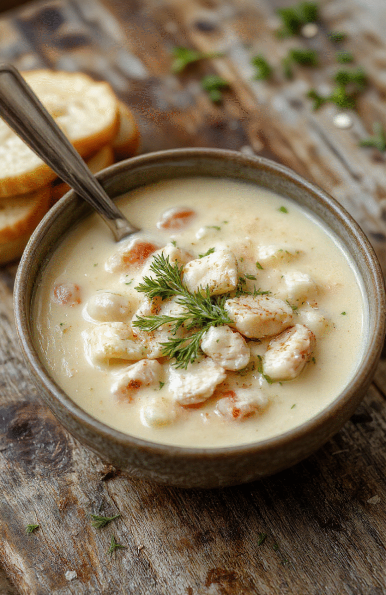 A steaming bowl of creamy chicken pasta soup showcasing tender pasta, shredded chicken, and fresh herbs in a rich, velvety broth. The bowl is placed on a rustic wooden table with a spoon resting beside it, highlighting the warm, comforting textures and inviting colors of the soup, with a slightly blurred background of cozy kitchen elements.