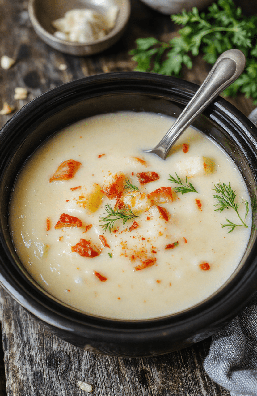 A creamy bowl of Crock Pot Potato Soup topped with fresh chopped parsley, crispy bacon bits, and shredded cheese, served on a rustic wooden table with a warm, inviting atmosphere.