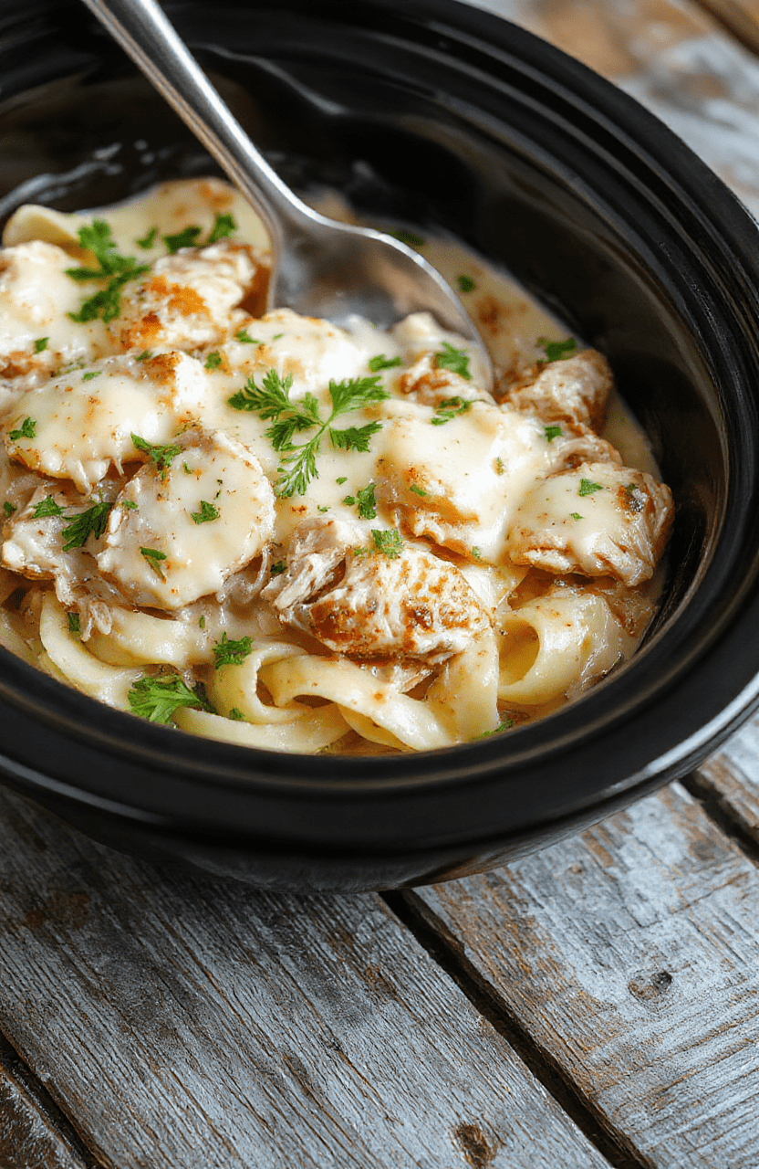 A creamy chicken Alfredo served in a white bowl, topped with freshly grated Parmesan and chopped parsley, placed on a rustic wooden table with a fork beside it, vibrant colors and rich textures highlight the indulgent sauce and tender chicken pieces.