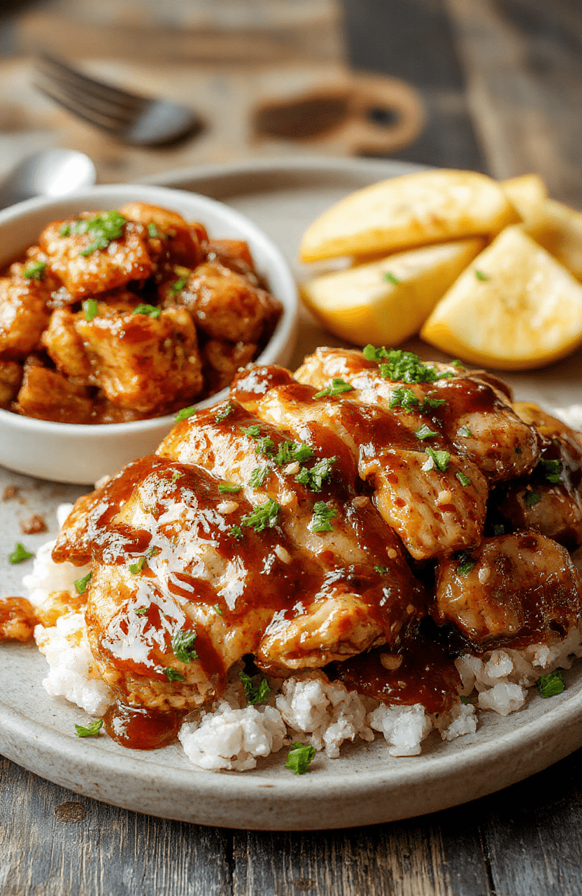 A bowl of tender, glazed crockpot teriyaki chicken garnished with sesame seeds and green onions, served alongside steamed rice on a rustic wooden table, vibrant colors and glossy textures highlight the juicy chicken and flavorful sauce, styled for a casual home meal.