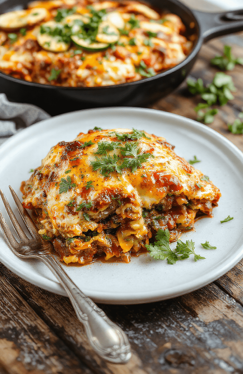 Vibrant enchilada skillet with melted cheese, colorful peppers, layered with seasoned meat and tomato sauce, served on a rustic wooden plate with fresh cilantro garnish, appetizing and inviting.