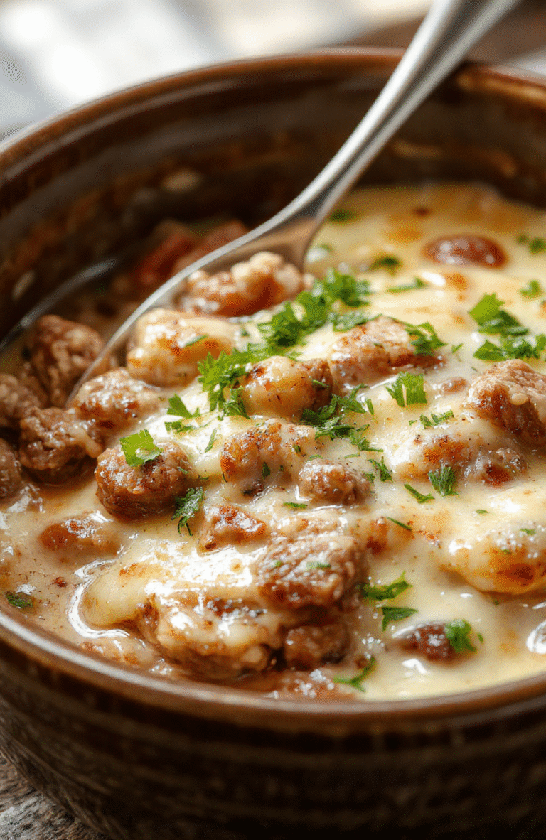 A colorful plate featuring a hearty hobo casserole with chunks of ground beef, diced vegetables, and melted cheese on top, served in a rustic ceramic dish with a serving spoon. The casserole has a golden crust with vibrant green herbs sprinkled on top, styled simply on a wooden table with natural daylight highlighting the textures and appetizing appearance.