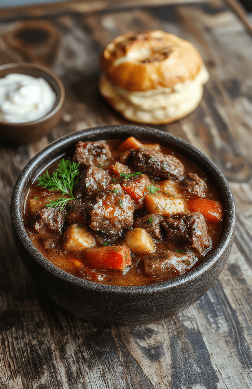 A steaming bowl of hearty beef stew with tender chunks of beef, carrots, potatoes, and celery, garnished with fresh herbs, served in a rustic bowl with a side of crusty bread, vibrant carrots and green celery contrast with the rich brown broth, textured ingredients look inviting and flavorful.