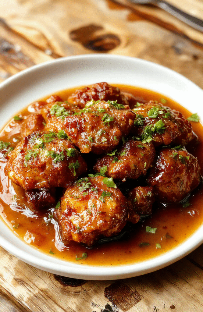 A vibrant bowl of creamy butter chicken with a glossy, golden sauce, garnished with fresh cilantro, served on a rustic wooden table with naan bread on the side, textures contrasting from soft chicken to silky sauce and fragrant herbs.