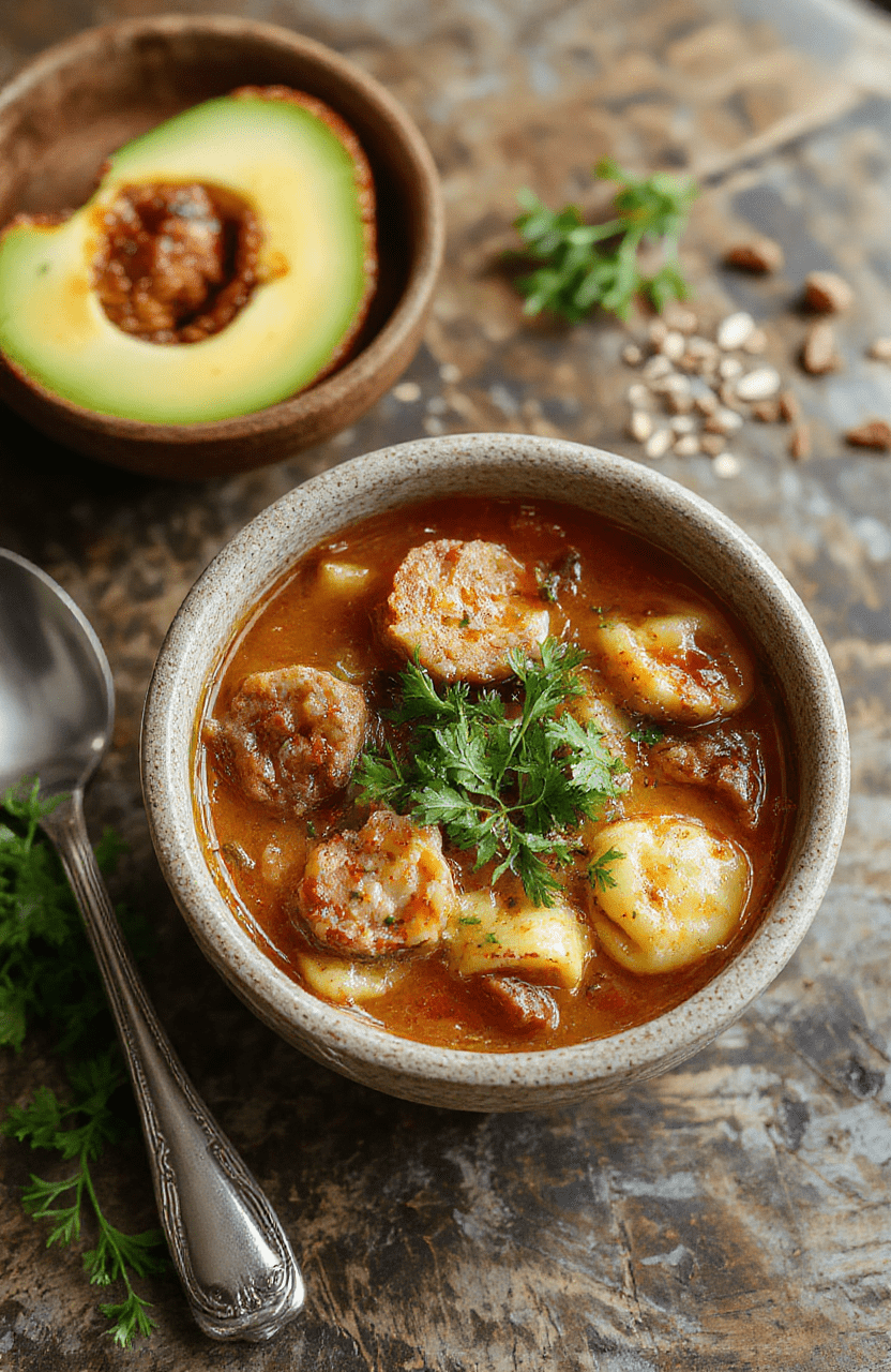 A vibrant bowl of Italian sausage tortellini soup featuring plump tortellini, slices of sausage, fresh herbs, and a rich broth, served on a rustic wooden table with a garnish of grated cheese and basil, inviting and flavorful.