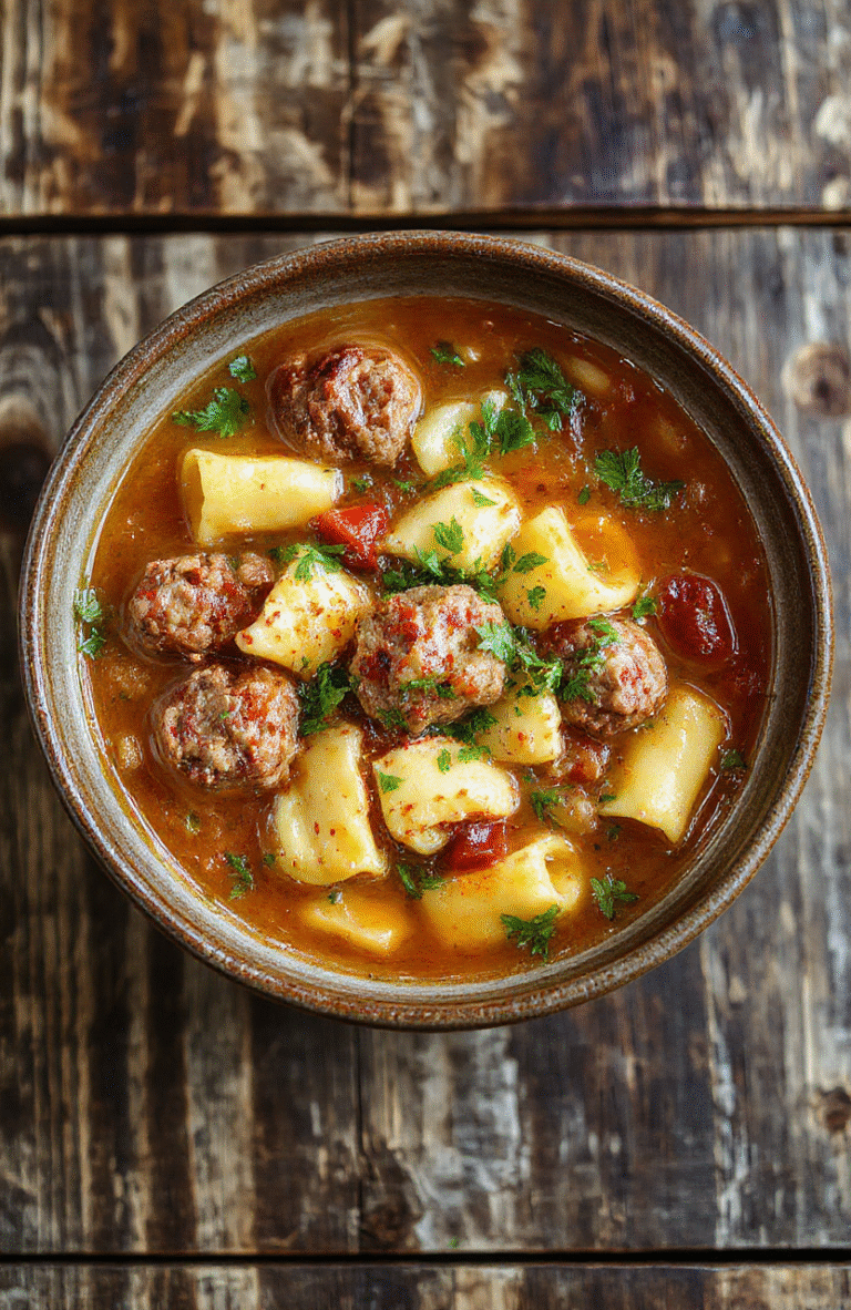 A vibrant bowl of meatball tortellini soup featuring colorful tortellini, tender meatballs, fresh herbs, and a rich broth, styled on a rustic wooden table with a spoon and napkin.