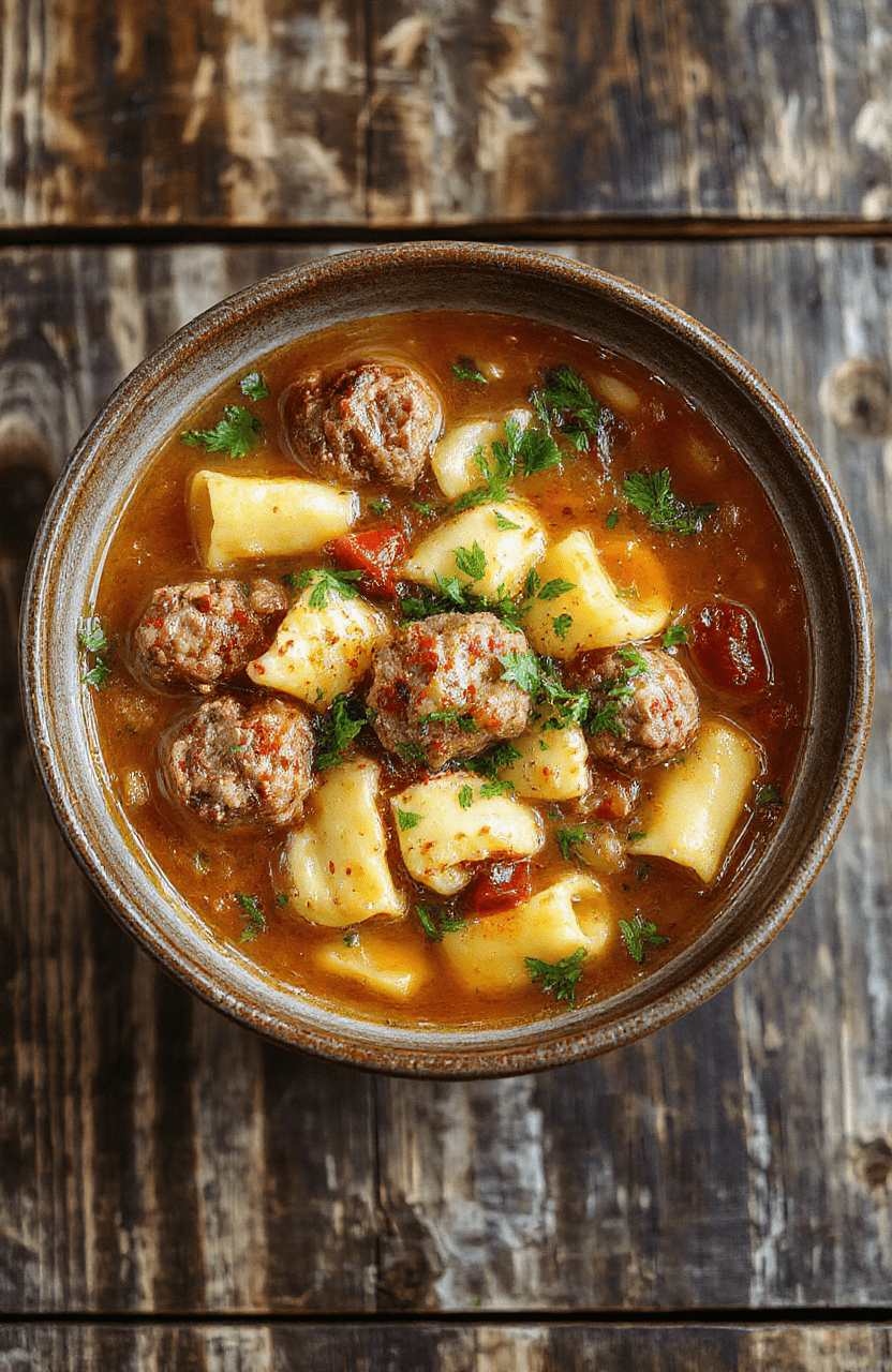 A vibrant bowl of meatball tortellini soup featuring colorful tortellini, tender meatballs, fresh herbs, and a rich broth, styled on a rustic wooden table with a spoon and napkin.