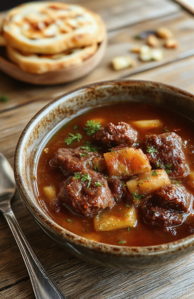 A rustic bowl filled with tender chunks of beef, carrots, potatoes, and onions in a rich brown gravy, garnished with fresh herbs, placed on a wooden table with a cozy background, steaming hot and inviting.