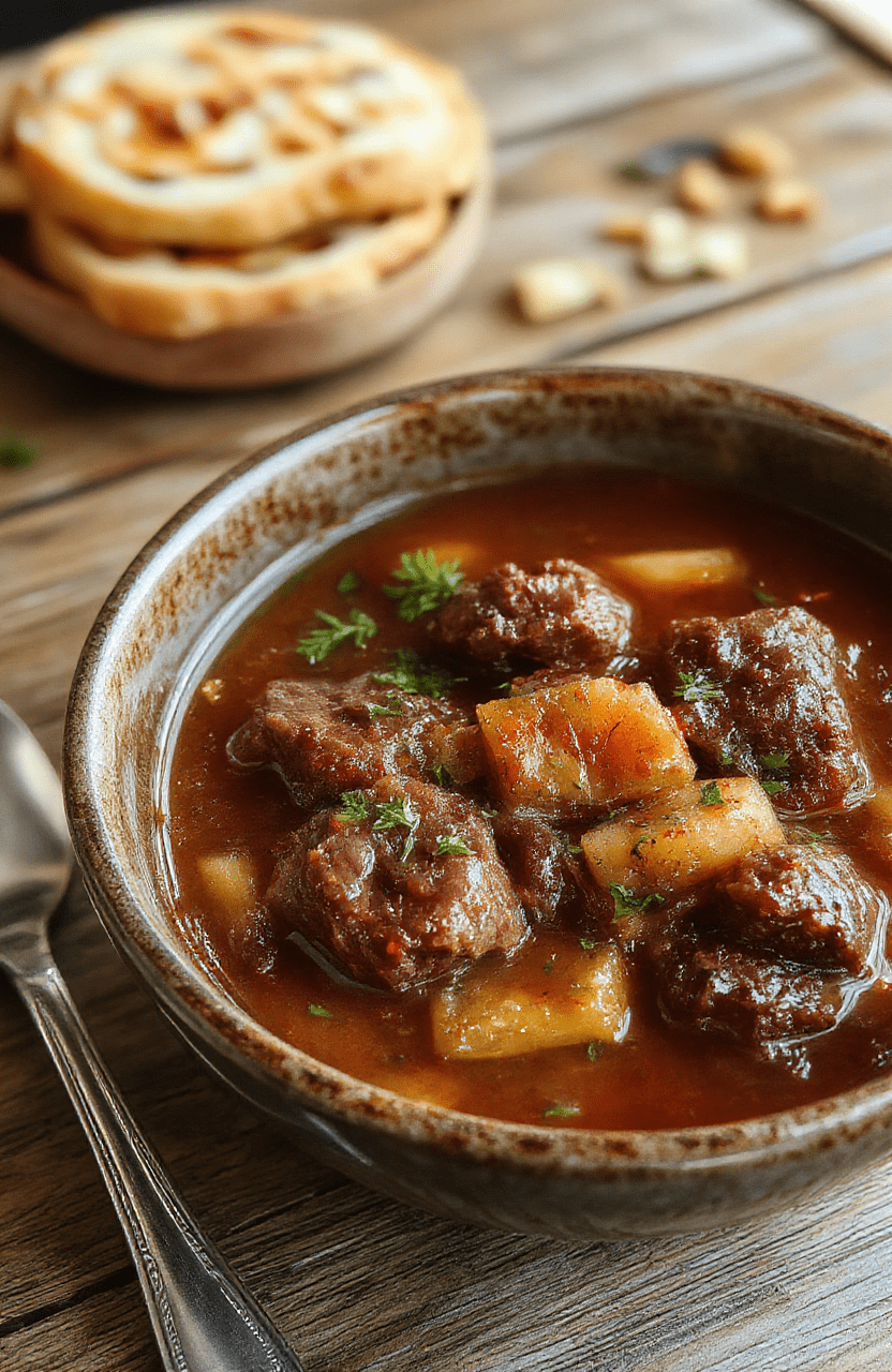 A rustic bowl filled with tender chunks of beef, carrots, potatoes, and onions in a rich brown gravy, garnished with fresh herbs, placed on a wooden table with a cozy background, steaming hot and inviting.
