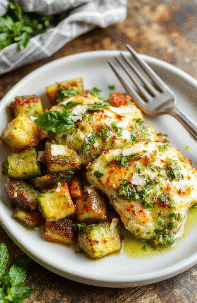 Colorful pesto chicken with vibrant green sauce nestled among roasted vegetables on a rustic white plate, garnished with fresh basil and Parmesan shavings, styled casually with a wooden background.