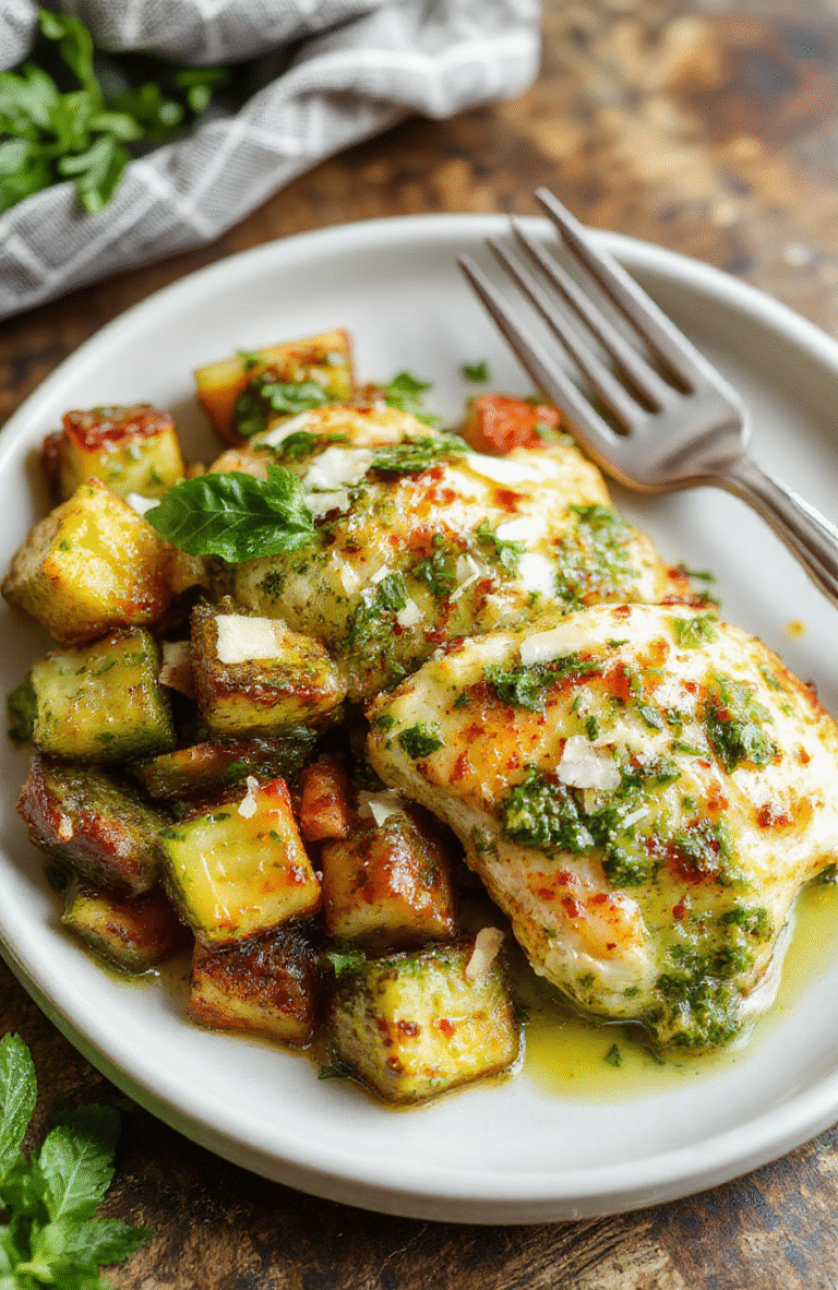 Colorful pesto chicken with vibrant green sauce nestled among roasted vegetables on a rustic white plate, garnished with fresh basil and Parmesan shavings, styled casually with a wooden background.