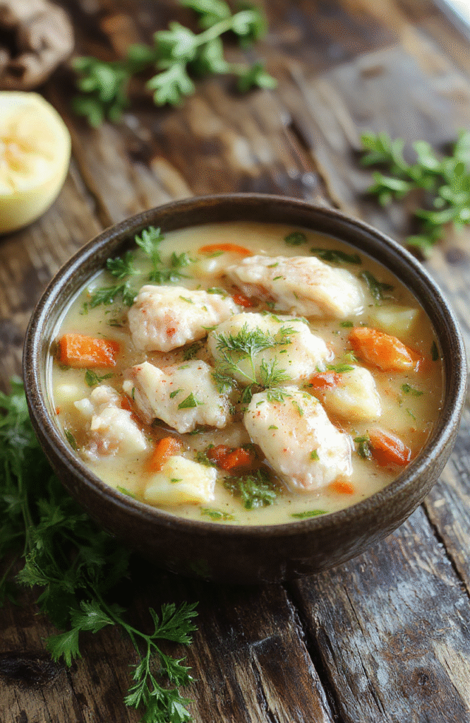 A hearty chicken stew served in a rustic bowl, featuring tender shredded chicken, colorful carrots, potatoes, and herbs in a rich, steaming broth, styled on a wooden surface with fresh herbs scattered around.
