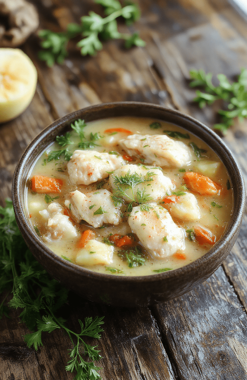 A hearty chicken stew served in a rustic bowl, featuring tender shredded chicken, colorful carrots, potatoes, and herbs in a rich, steaming broth, styled on a wooden surface with fresh herbs scattered around.