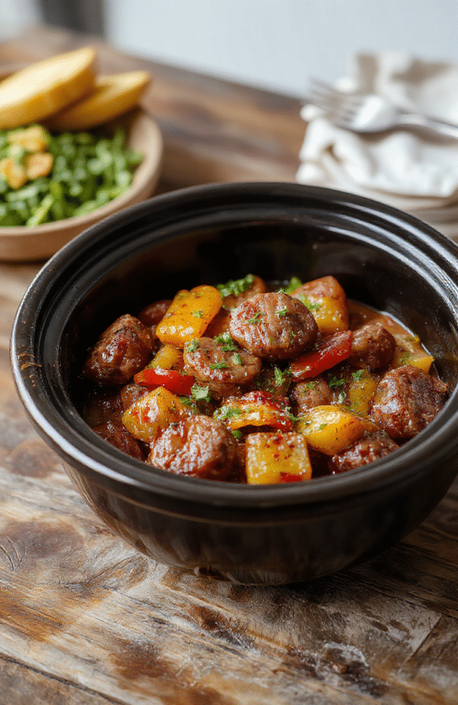 A colorful plate featuring sliced cooked sausage, vibrant red and green bell peppers, and caramelized onions, beautifully arranged on a rustic white dish with fresh herbs, set on a wooden table with natural sunlight highlighting the textures and colors.
