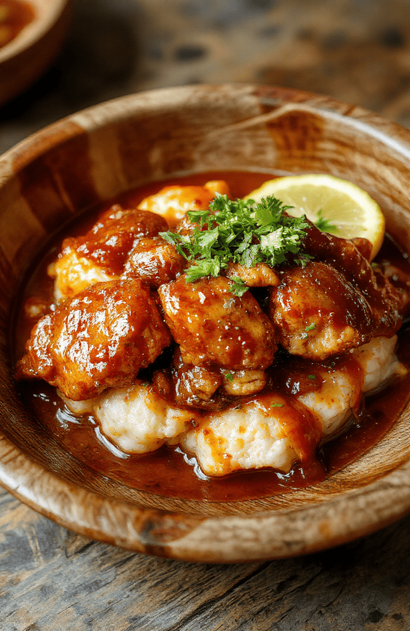 A vibrant chicken rice bowl featuring glossy sticky chicken pieces atop steamed rice, garnished with green onions and sesame seeds, presented on a rustic wooden plate with a drizzle of sauce, rich in color and inviting textures.