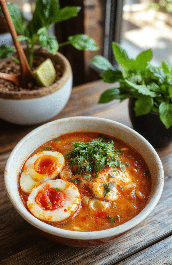 A vibrant bowl of vegan ramen noodles featuring colorful vegetables, silky broth, and garnished with green onions and sesame seeds, styled on a rustic wooden table with soft natural daylight highlighting the textures and rich colors of the dish.