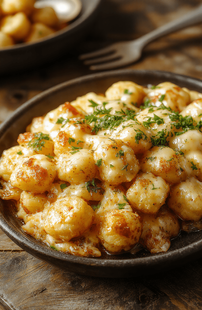 A bubbling golden tater tot casserole in a rustic baking dish topped with melted cheese and crispy tater tots, garnished with fresh herbs, served on a wooden table with warm ambient lighting.