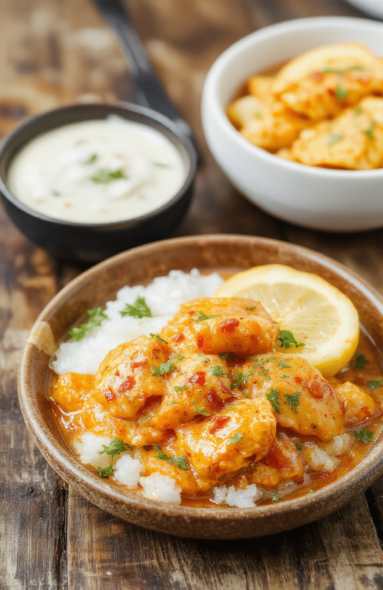 A vibrant plate of creamy butter chicken garnished with fresh cilantro, served alongside steamed basmati rice on a rustic wooden table, with a rich orange sauce showcasing tender chunks of chicken and smooth textures.