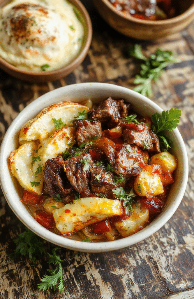 A vibrant steak fajita bowl featuring slices of seasoned grilled steak, colorful sautéed bell peppers and onions, garnished with fresh cilantro and lime wedges, all arranged on a rustic plate with a side of cauliflower rice, emphasizing rich textures and appetizing colors.